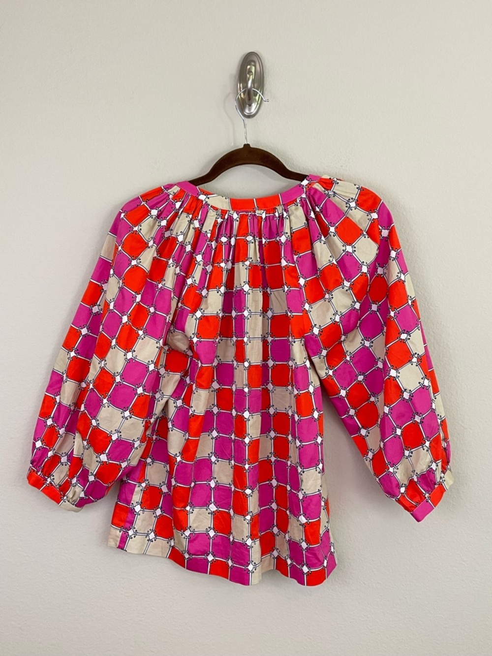 Trina Turk Pink & Red Geometric Organic Cotton Nautical Peasant Blouse Size S - Picture 4 of 8